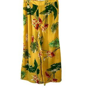 Sweet Wanderer Women's Tropical Print Palazzo Pants Side Zip Small Gold Floral